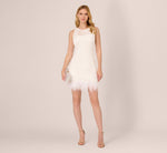 Sleeveless Floral Lace Dress With Feather Trim In Ivory 1