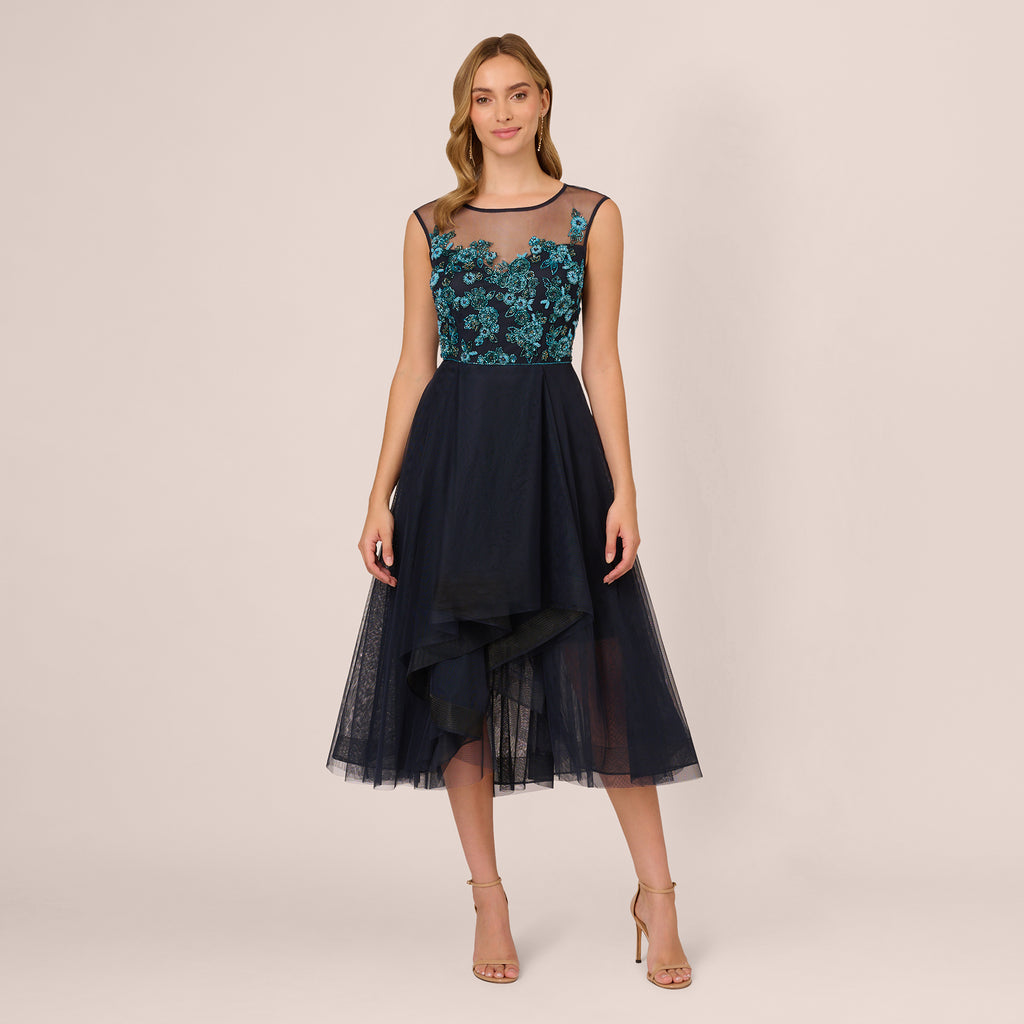 Beaded Midi Dress With Tulle Skirt In Midnight Multi Adrianna Papell