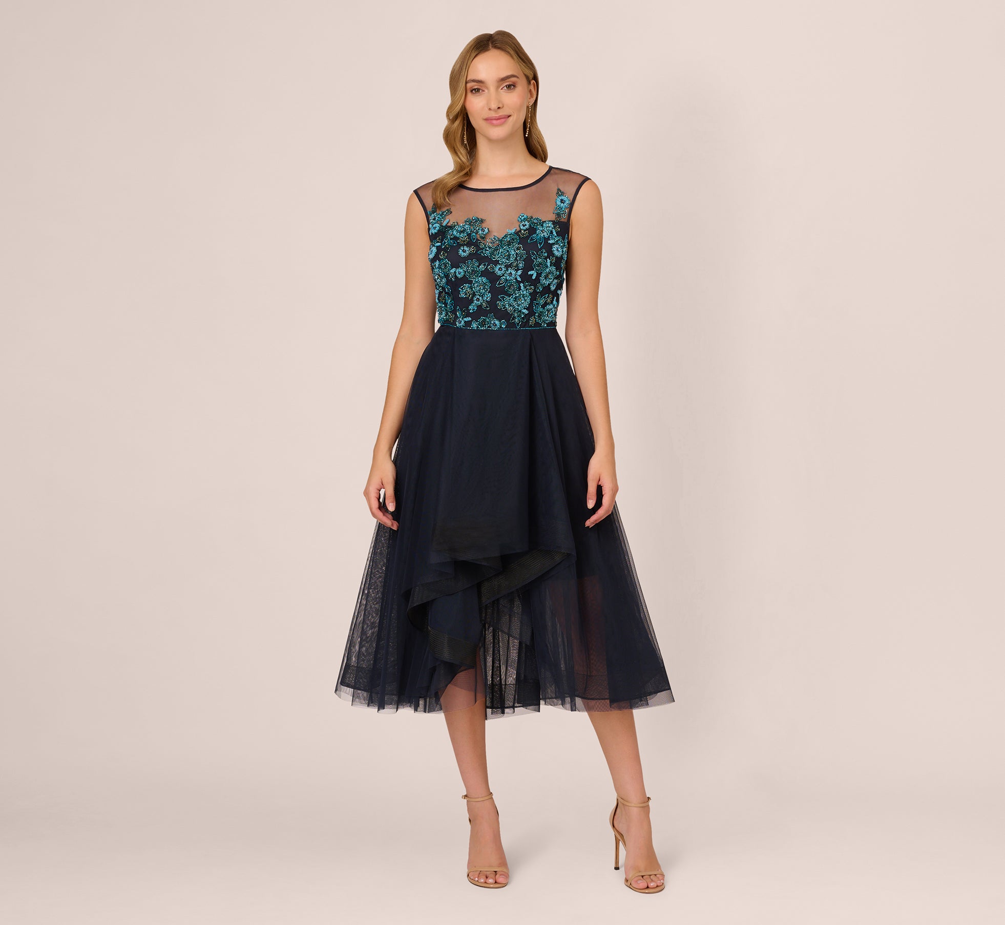 Beaded Midi Dress With Tulle Skirt In Midnight Multi | Adrianna Papell