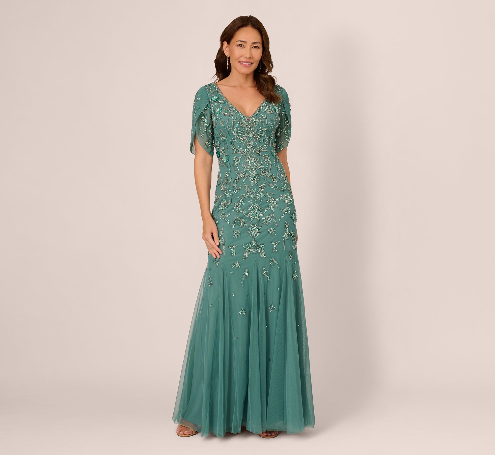 plus size adrianna papell evening dresses Hand Beaded Short Sleeve Floral Godet Gown In Night Plum Crafted from crinkle foiled leaf fabric Adrianna Papell Platinum Bridesmaids 40486