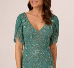 Beaded Mermaid Gown With Sheer Petal Sleeves In Green Slate 3