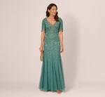 Beaded Mermaid Gown With Sheer Petal Sleeves In Green Slate 1