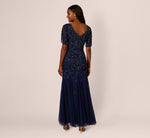 Beaded Mermaid Gown With Sheer Petal Sleeves In Light Navy 6