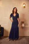 Beaded Mermaid Gown With Sheer Petal Sleeves In Light Navy 1