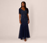 Beaded Mermaid Gown With Sheer Petal Sleeves In Light Navy 3