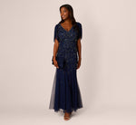 Beaded Mermaid Gown With Sheer Petal Sleeves In Light Navy 2