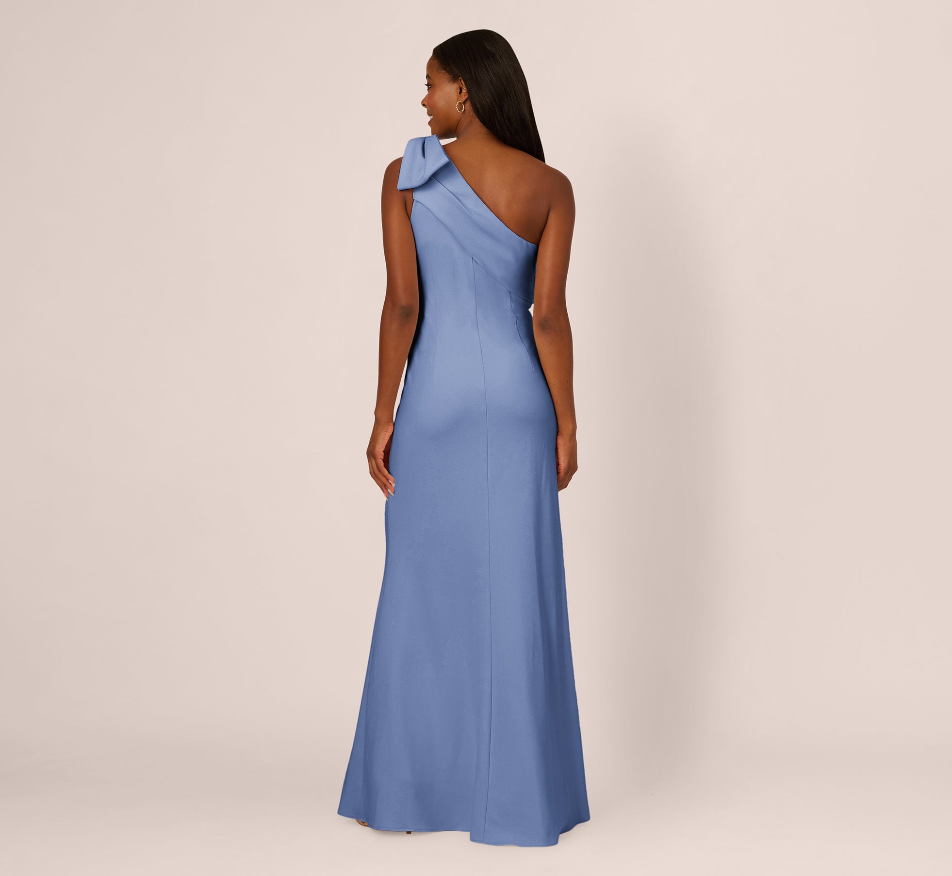 Blue Stretch Crepe One Shoulder Mermaid Gown With Bow Accent