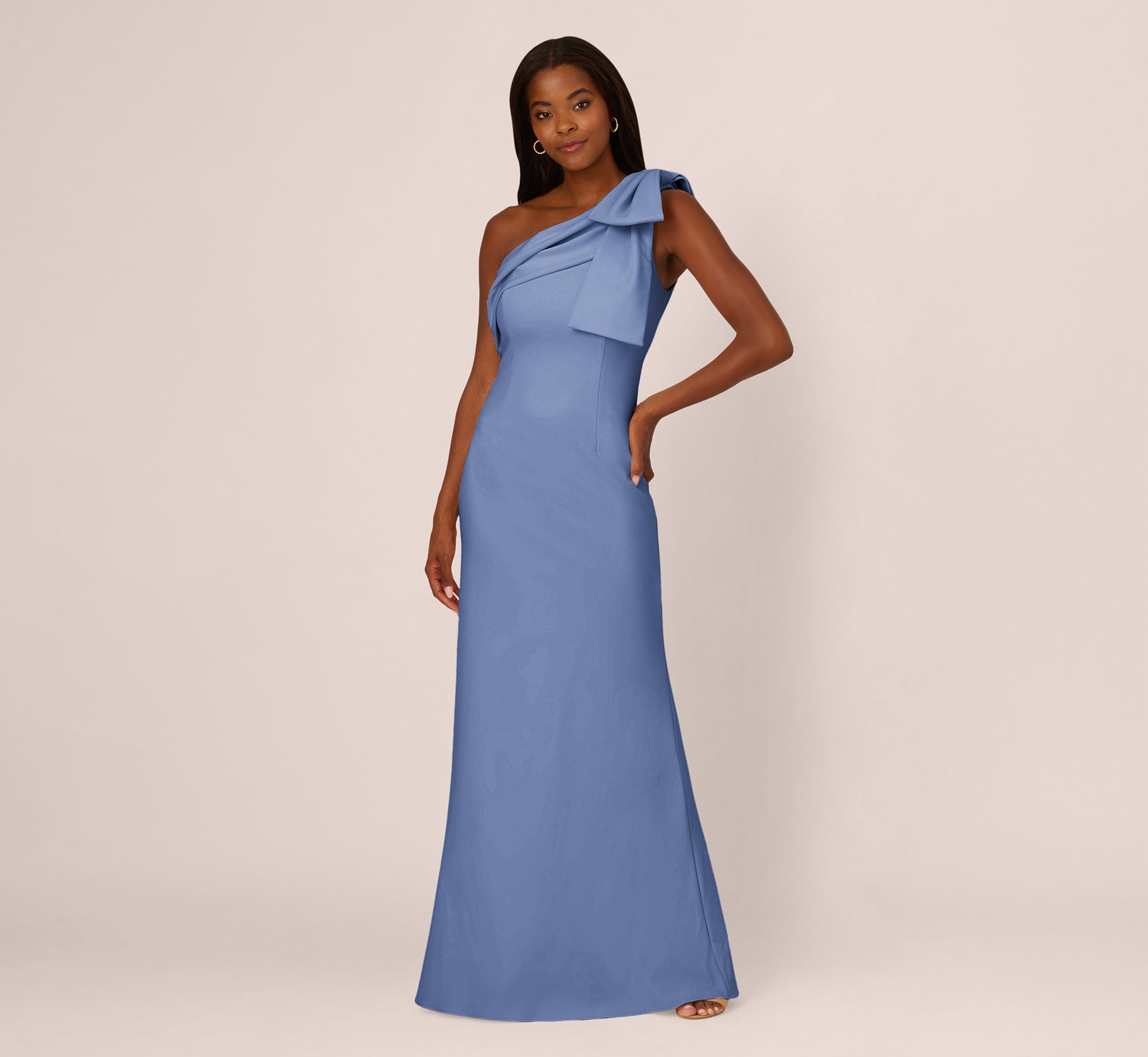 Blue Stretch Crepe One Shoulder Mermaid Gown With Bow Accent - Adrianna Papell Blue Stretch Crepe One Shoulder Mermaid Gown With Bow Accent - Adrianna Papell