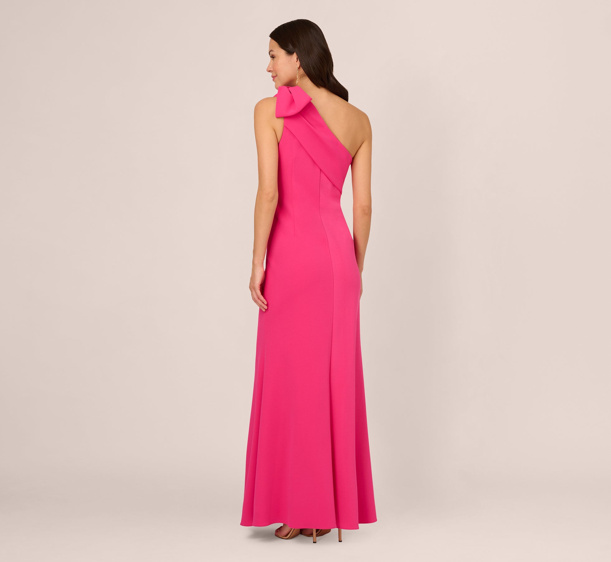 Hot Pink Stretch Crepe One Shoulder Mermaid Gown With Bow Accent - Adrianna Papell Hot Pink Stretch Crepe One Shoulder Mermaid Gown With Bow Accent - Adrianna Papell