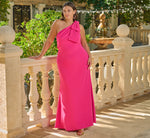 Stretch Crepe One Shoulder Mermaid Gown With Bow Accent In Hot Pink 1