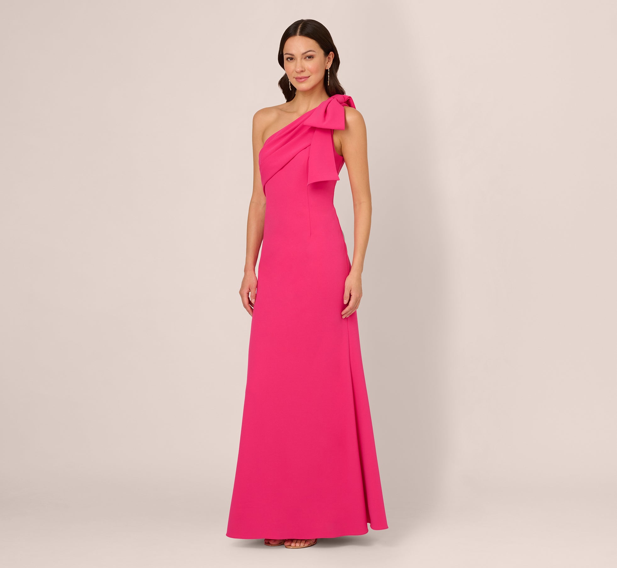 Pink Stretch Crepe One Shoulder Mermaid Gown With Bow Accent - Adrianna Papell Pink Stretch Crepe One Shoulder Mermaid Gown With Bow Accent - Adrianna Papell