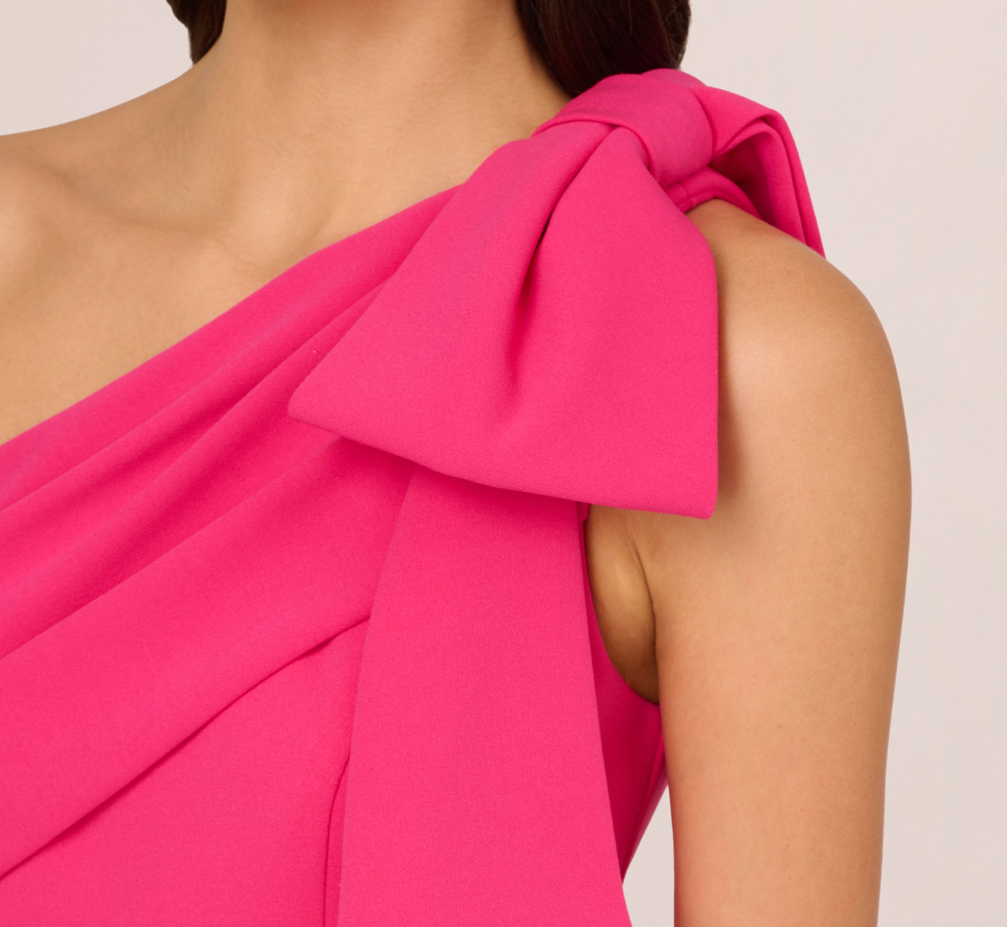 Pink Stretch Crepe One Shoulder Mermaid Gown With Bow Accent - Adrianna Papell Pink Stretch Crepe One Shoulder Mermaid Gown With Bow Accent - Adrianna Papell