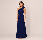 Stretch Crepe One Shoulder Mermaid Gown With Bow Accent In Navy Sateen 2