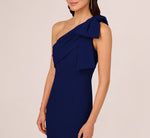 Stretch Crepe One Shoulder Mermaid Gown With Bow Accent In Navy Sateen 3