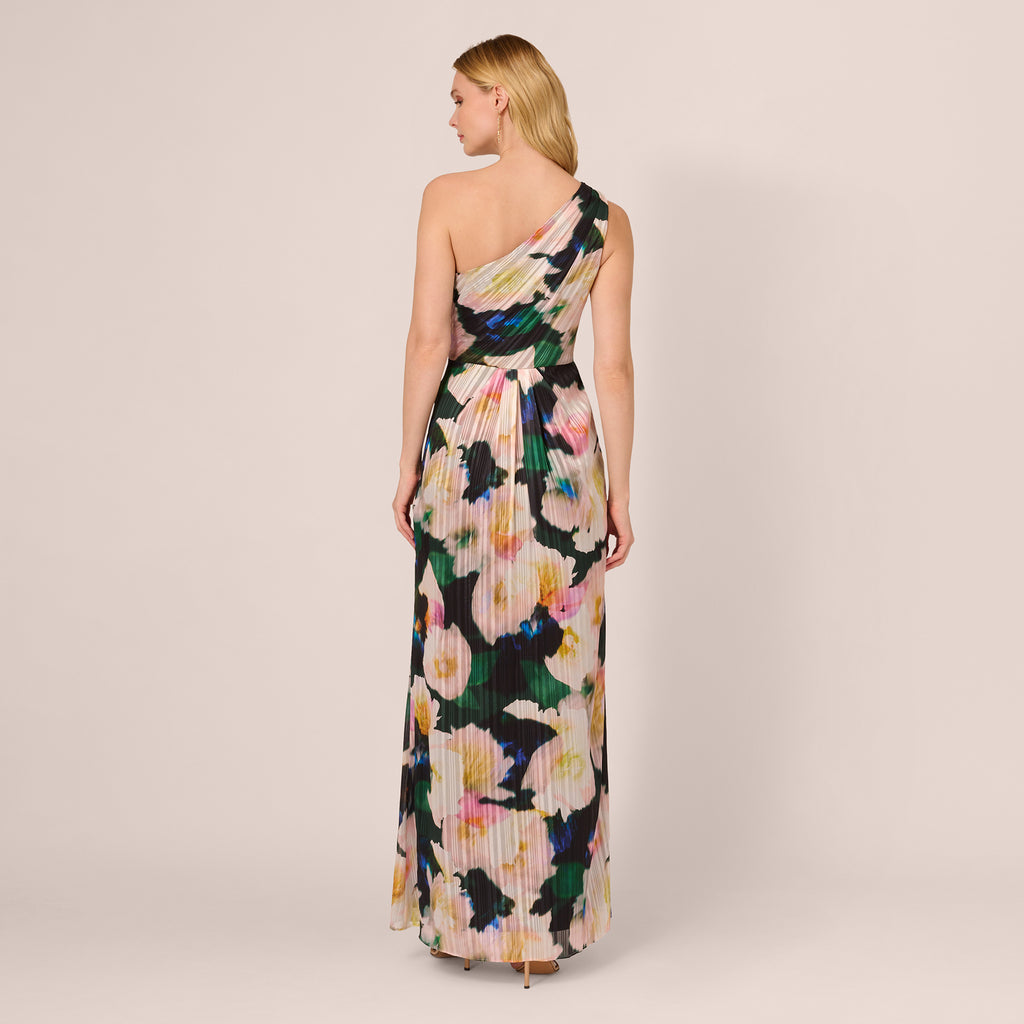 One Shoulder Flower Attached Chiffon Gown with Pockets Papaya Plus Size