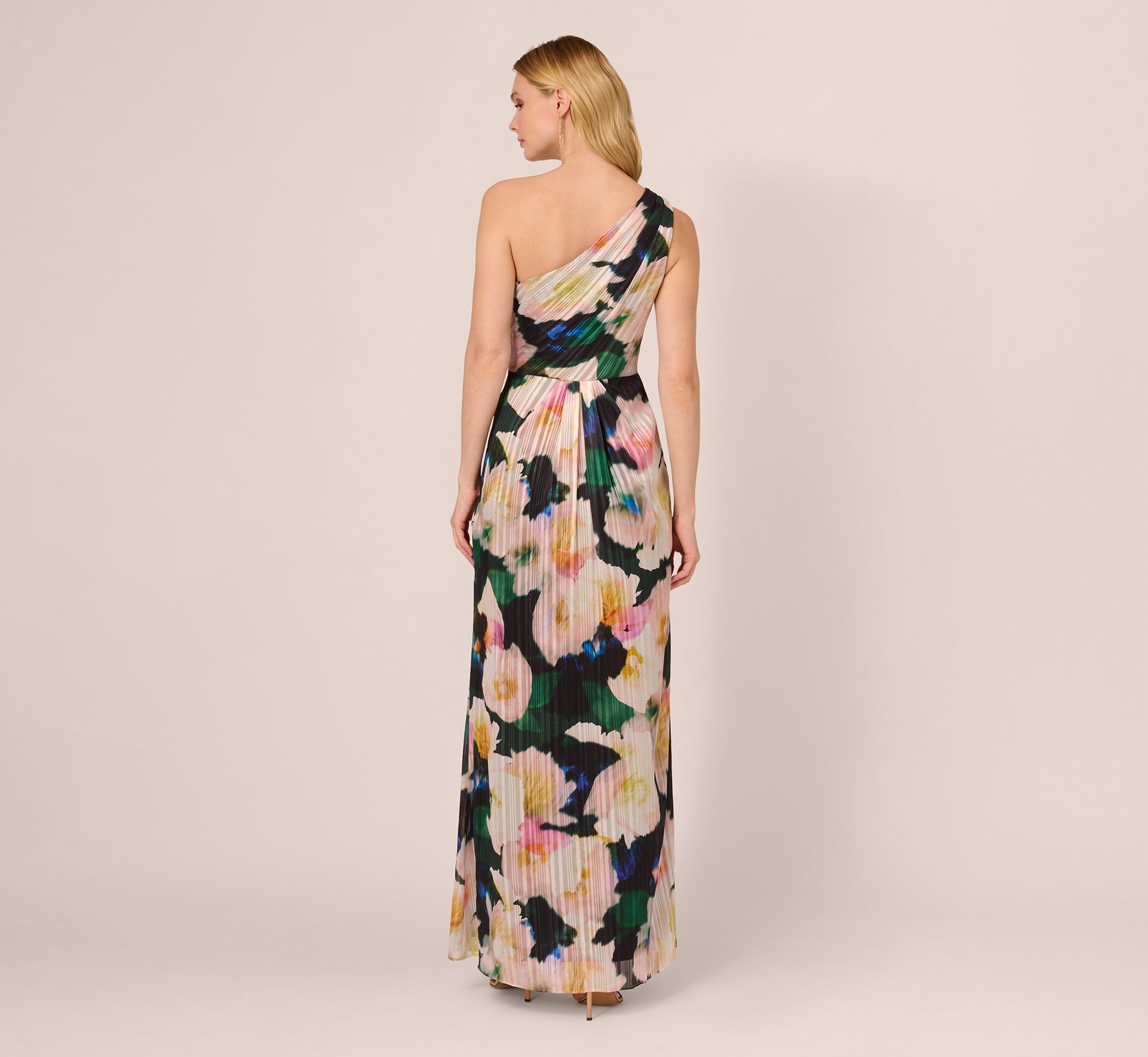 Multi Colored Floral Print Chiffon Gown With One Shoulder Neckline - Adrianna Papell Multi Colored Floral Print Chiffon Gown With One Shoulder Neckline - Adrianna Papell