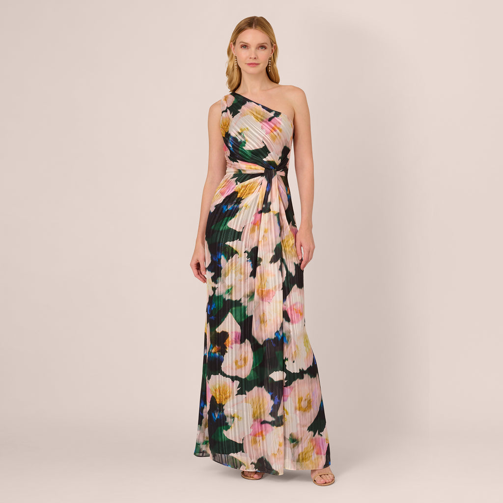 One Shoulder Flower Attached Chiffon Gown with Pockets Dusty Blue Plus Size