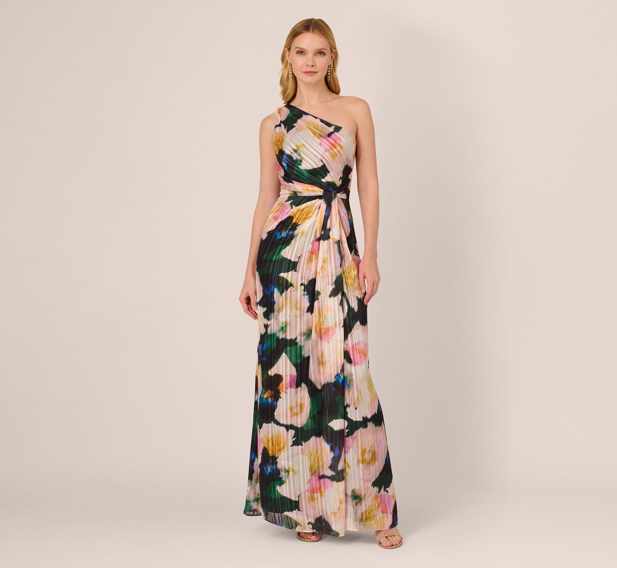 Black Blush Mu Floral Print Chiffon Gown With One Shoulder Neckline - Adrianna Papell Black Blush Mu Floral Print Chiffon Gown With One Shoulder Neckline - Adrianna Papell