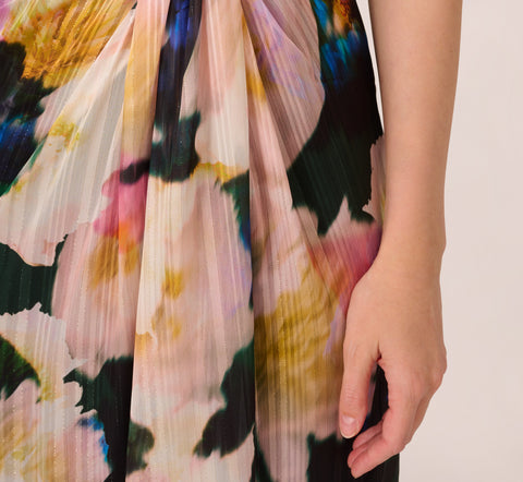 Floral Print Chiffon Gown With One Shoulder Neckline In Black Blush Multi main image 1