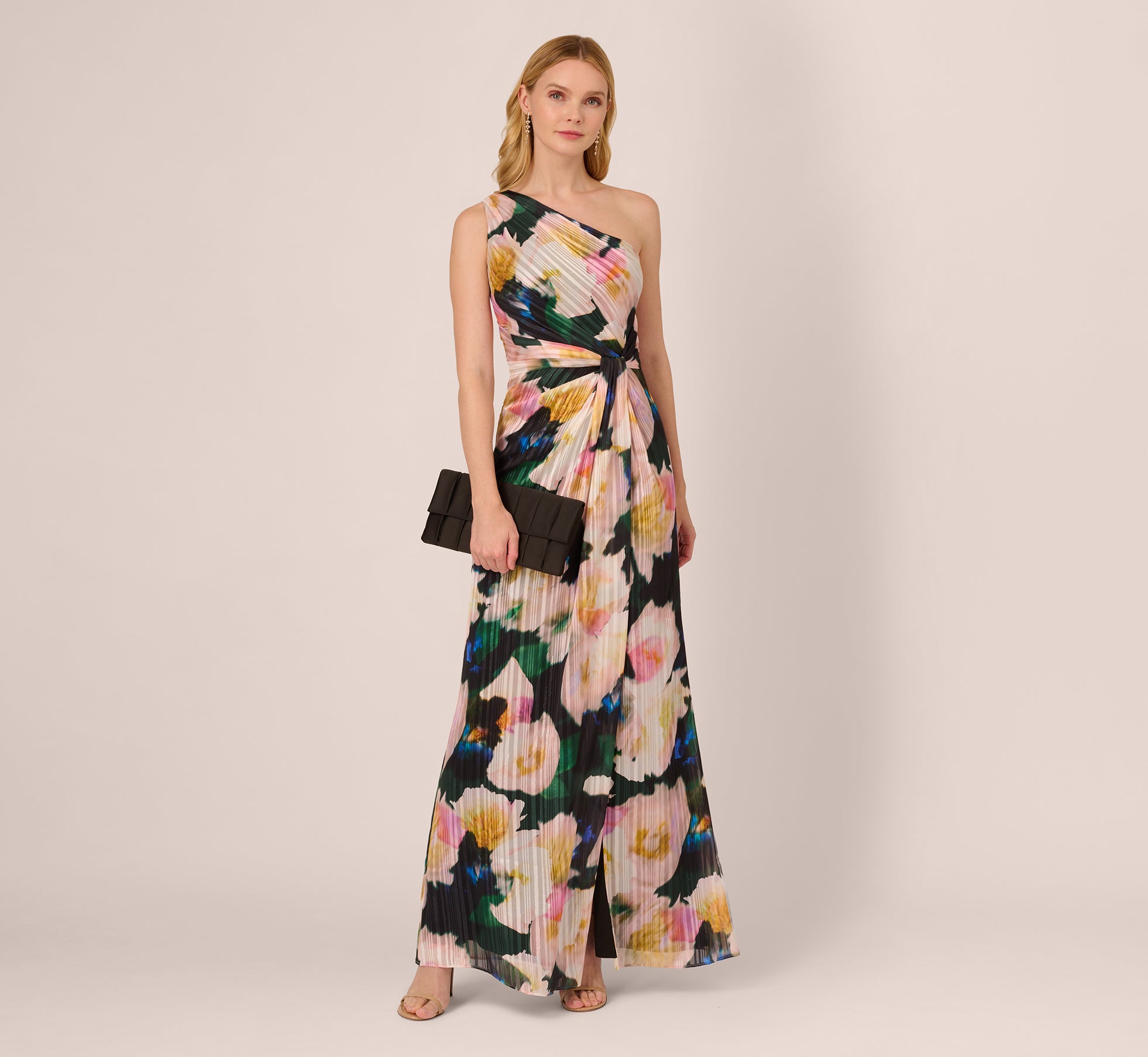Multi Colored Floral Print Chiffon Gown With One Shoulder Neckline