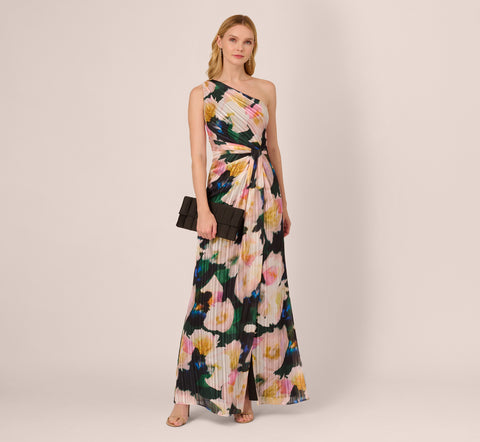One Shoulder Flower Attached Chiffon Gown with Pockets Green Plus Size