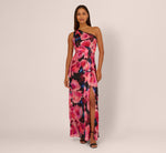 Floral Print Chiffon Gown With One Shoulder Neckline In Black Berry 2