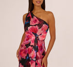 Floral Print Chiffon Gown With One Shoulder Neckline In Black Berry 4