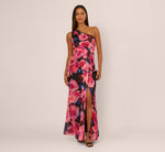 Floral Print Chiffon Gown With One Shoulder Neckline In Black Berry 1