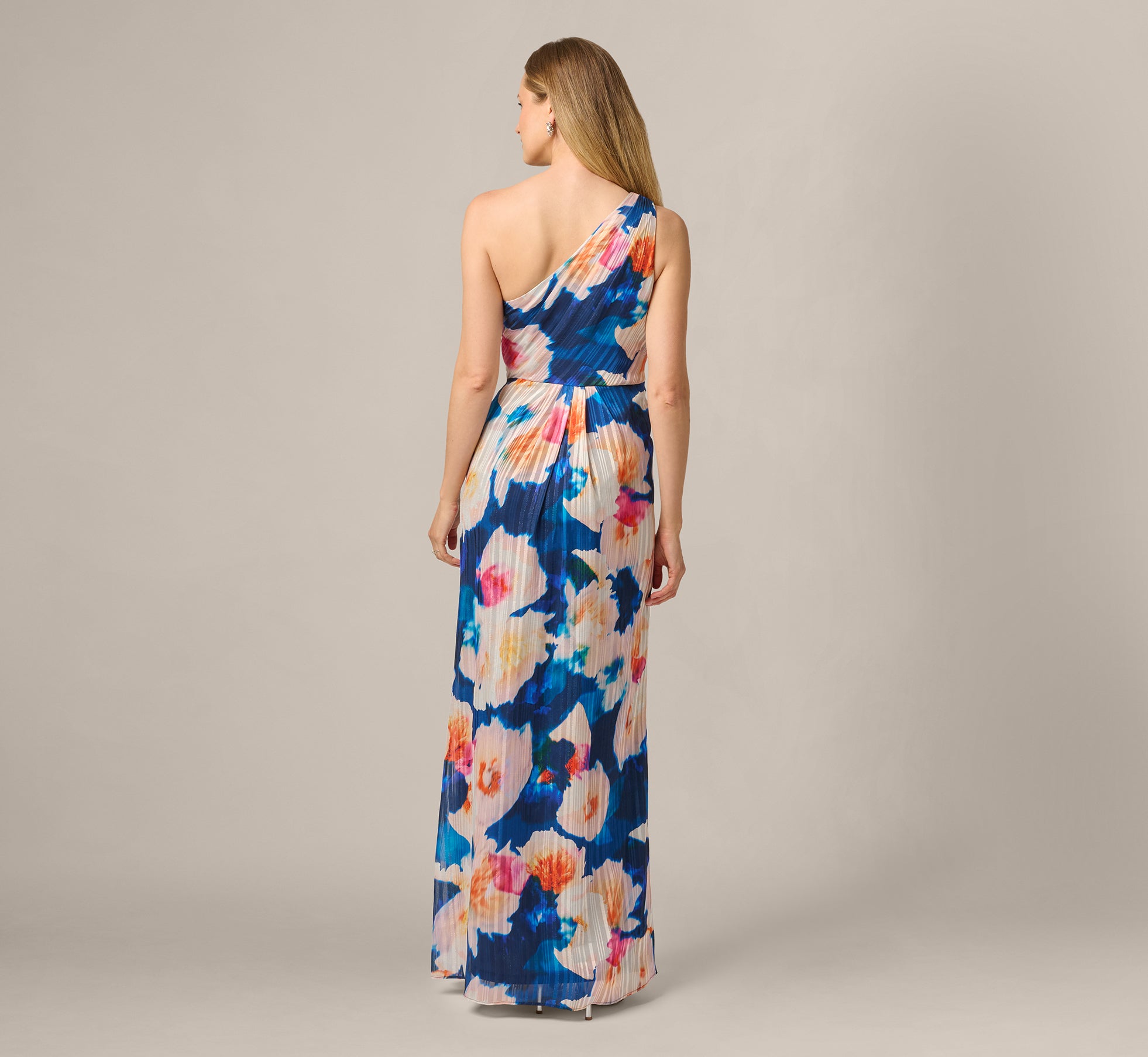 One Shoulder Flower Attached Chiffon Gown with Pockets Mulberry Plus Size