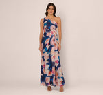 Floral Print Chiffon Gown With One Shoulder Neckline In Navy Blush 2