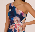 Floral Print Chiffon Gown With One Shoulder Neckline In Navy Blush 3