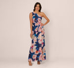 Floral Print Chiffon Gown With One Shoulder Neckline In Navy Blush 1