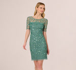 3D Floral Beaded Dress With Sheer Short Sleeves In Green Slate 2