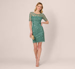 3D Floral Beaded Dress With Sheer Short Sleeves In Green Slate 1