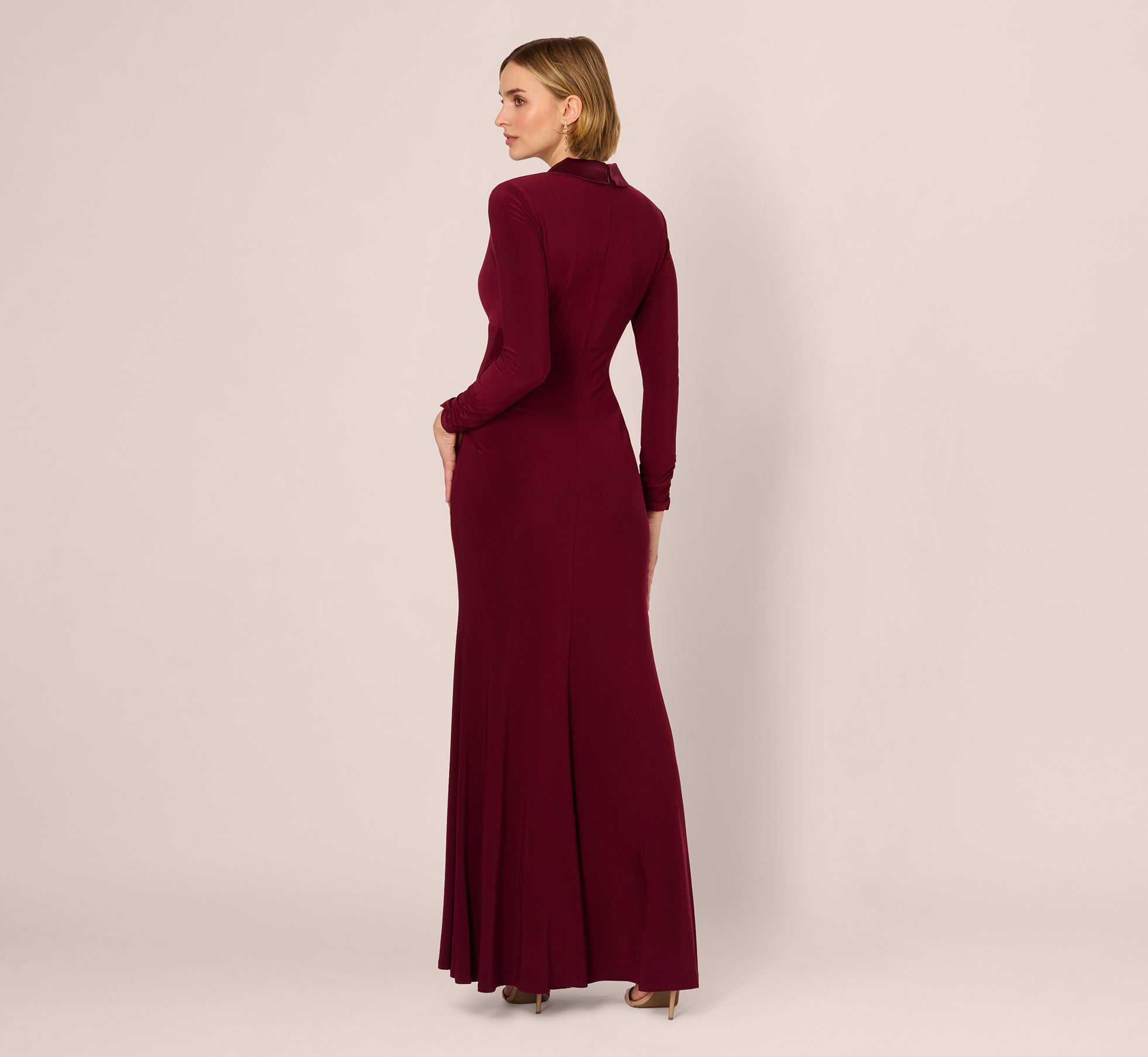 Red Wine Tuxedo Mermaid Gown With Long Sleeves