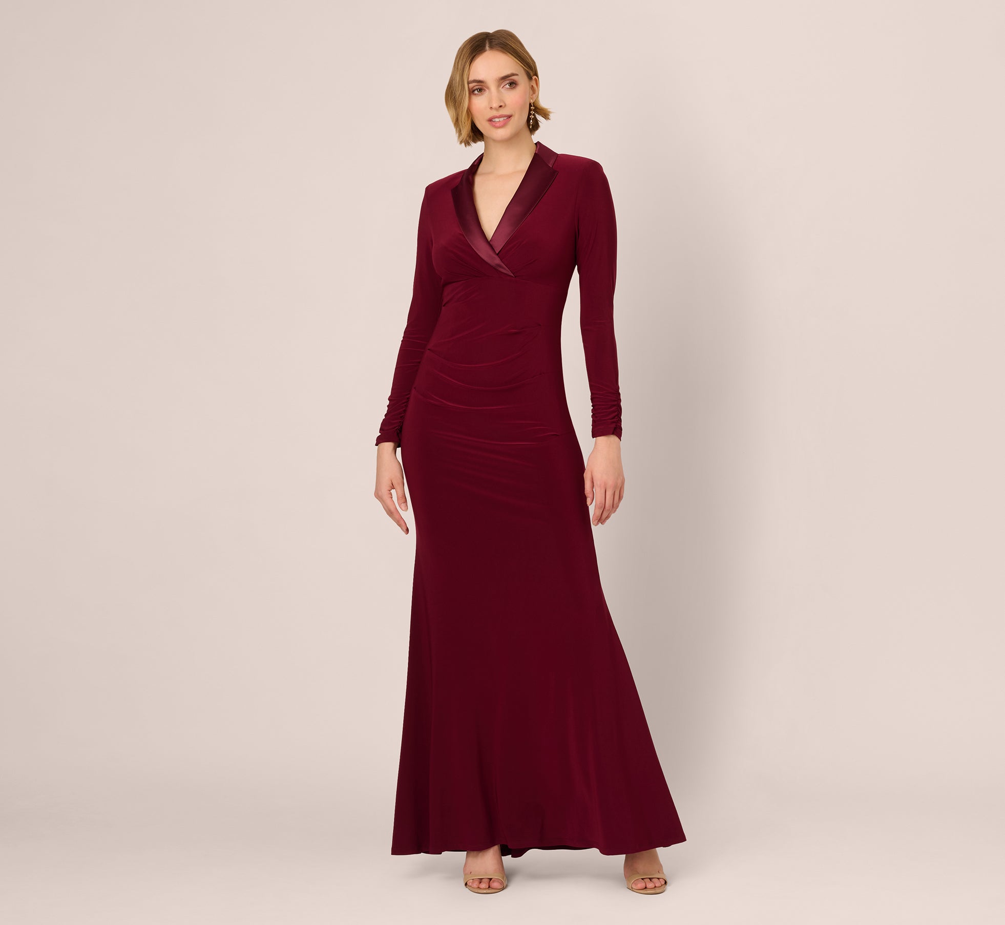 Red Wine Tuxedo Mermaid Gown With Long Sleeves - Adrianna Papell Red Wine Tuxedo Mermaid Gown With Long Sleeves - Adrianna Papell