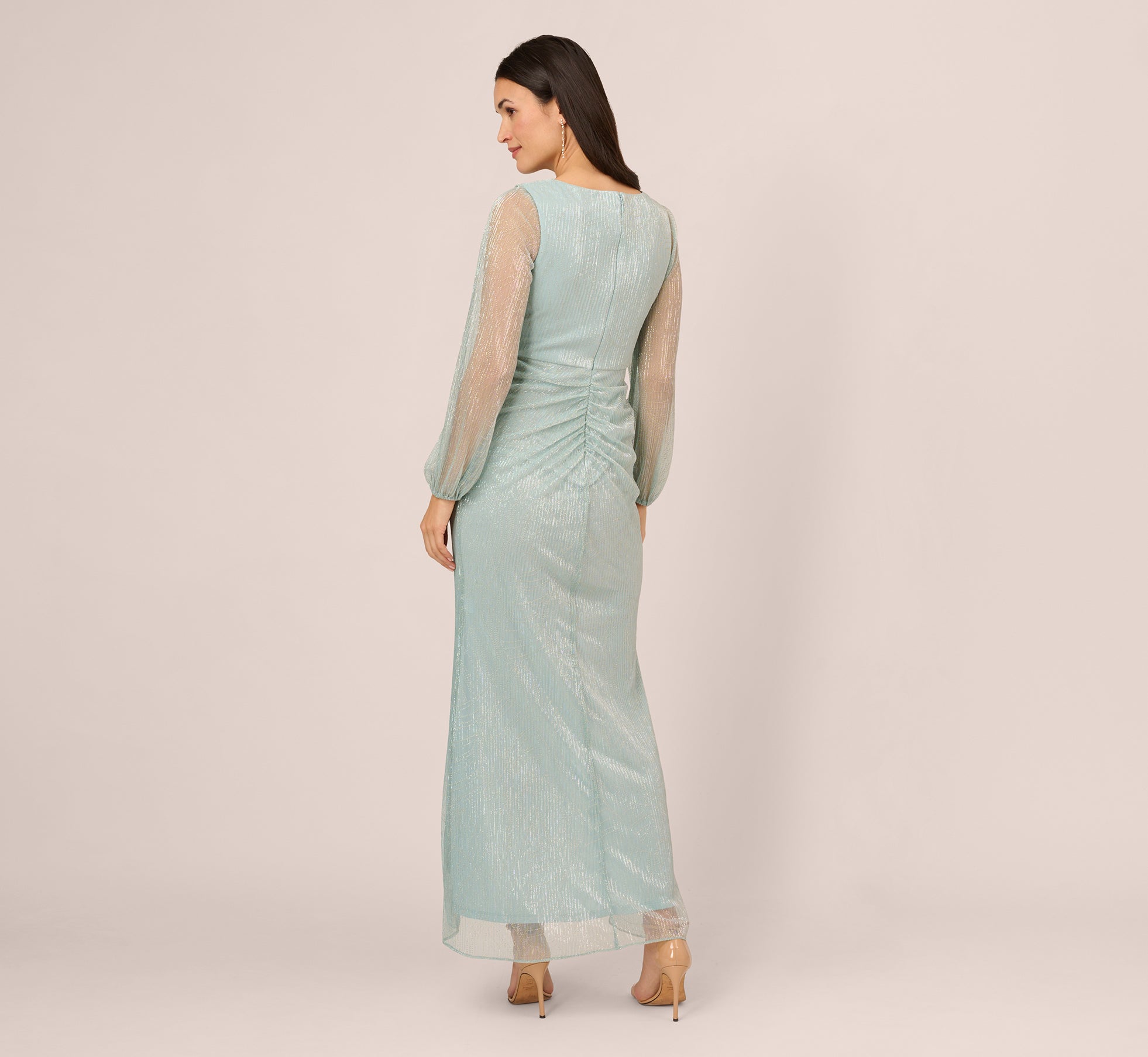 Crinkle Metallic Gown With Sheer Bishop Sleeves And Draped Details In Mint Smoke 1