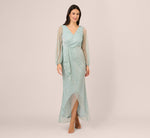 Crinkle Metallic Gown With Sheer Bishop Sleeves And Draped Details In Mint Smoke 2