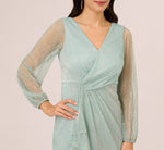 Crinkle Metallic Gown With Sheer Bishop Sleeves And Draped Details In Mint Smoke 3