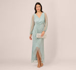 Crinkle Metallic Gown With Sheer Bishop Sleeves And Draped Details In Mint Smoke 1