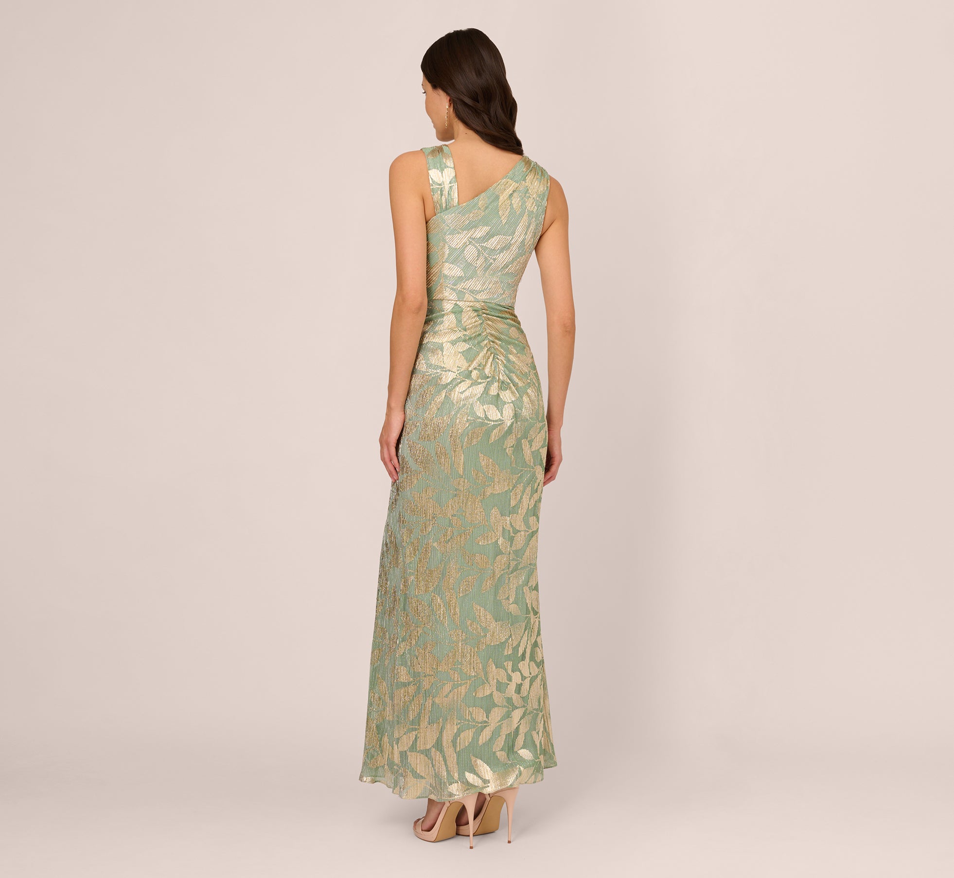 Light Green Foil Printed Asymmetric Gown With Ruffled Detail