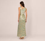 Foil Printed Asymmetric Gown With Ruffled Detail In Sage Gold 2