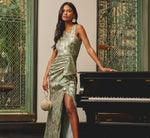 Foil Printed Asymmetric Gown With Ruffled Detail In Sage Gold 1