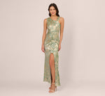 Foil Printed Asymmetric Gown With Ruffled Detail In Sage Gold 5