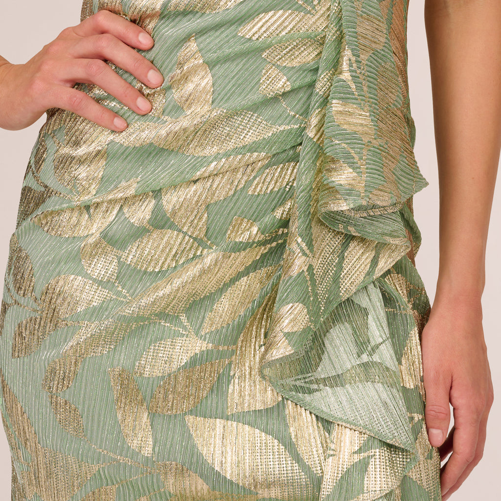 Asymmetrical Ruffle Pattern Foil Printed Asymmetric Gown With Ruffled Detail In Sage Gold ...
