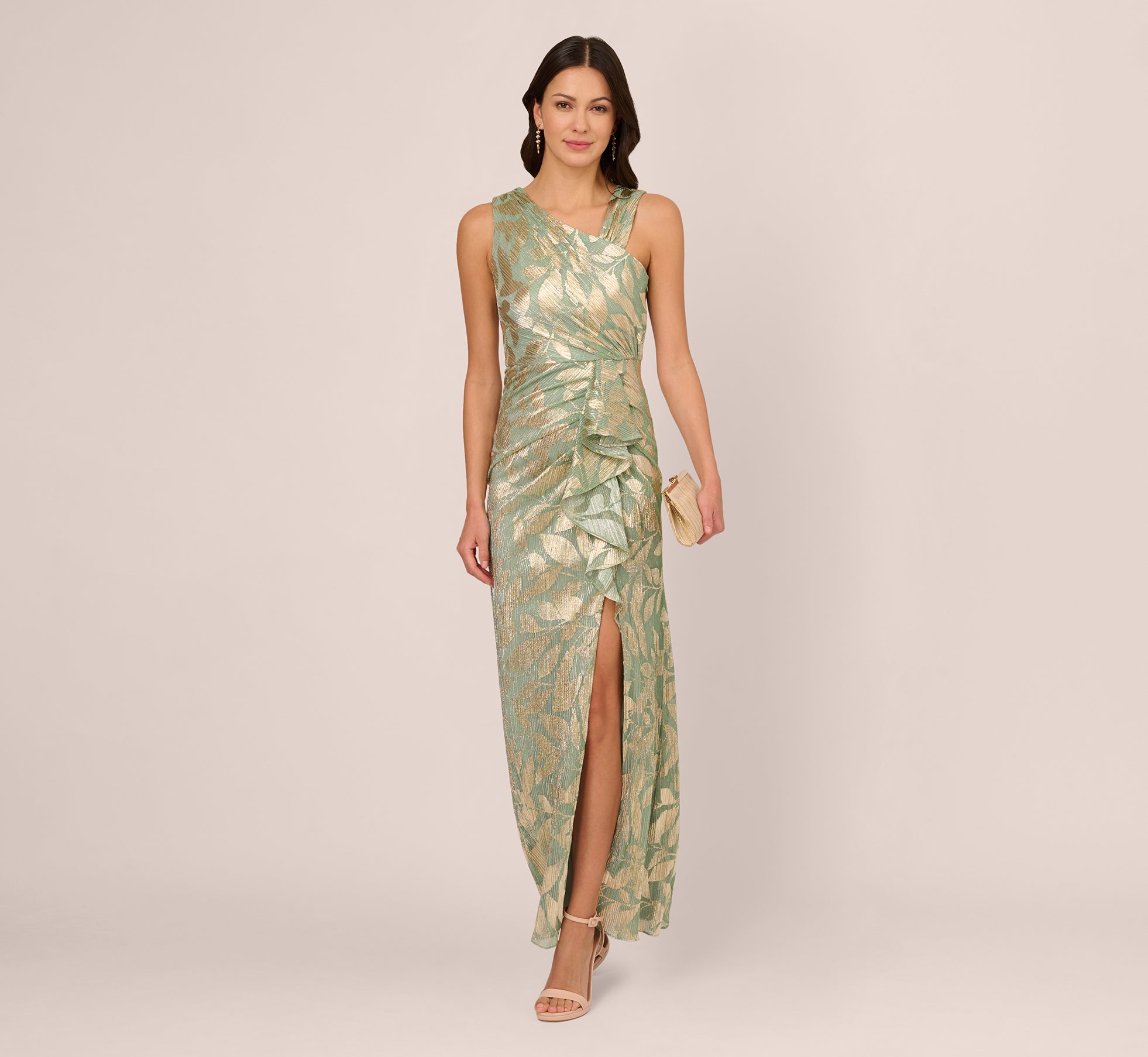 Light Green Foil Printed Asymmetric Gown With Ruffled Detail - Adrianna Papell Light Green Foil Printed Asymmetric Gown With Ruffled Detail - Adrianna Papell
