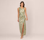 Foil Printed Asymmetric Gown With Ruffled Detail In Sage Gold 7