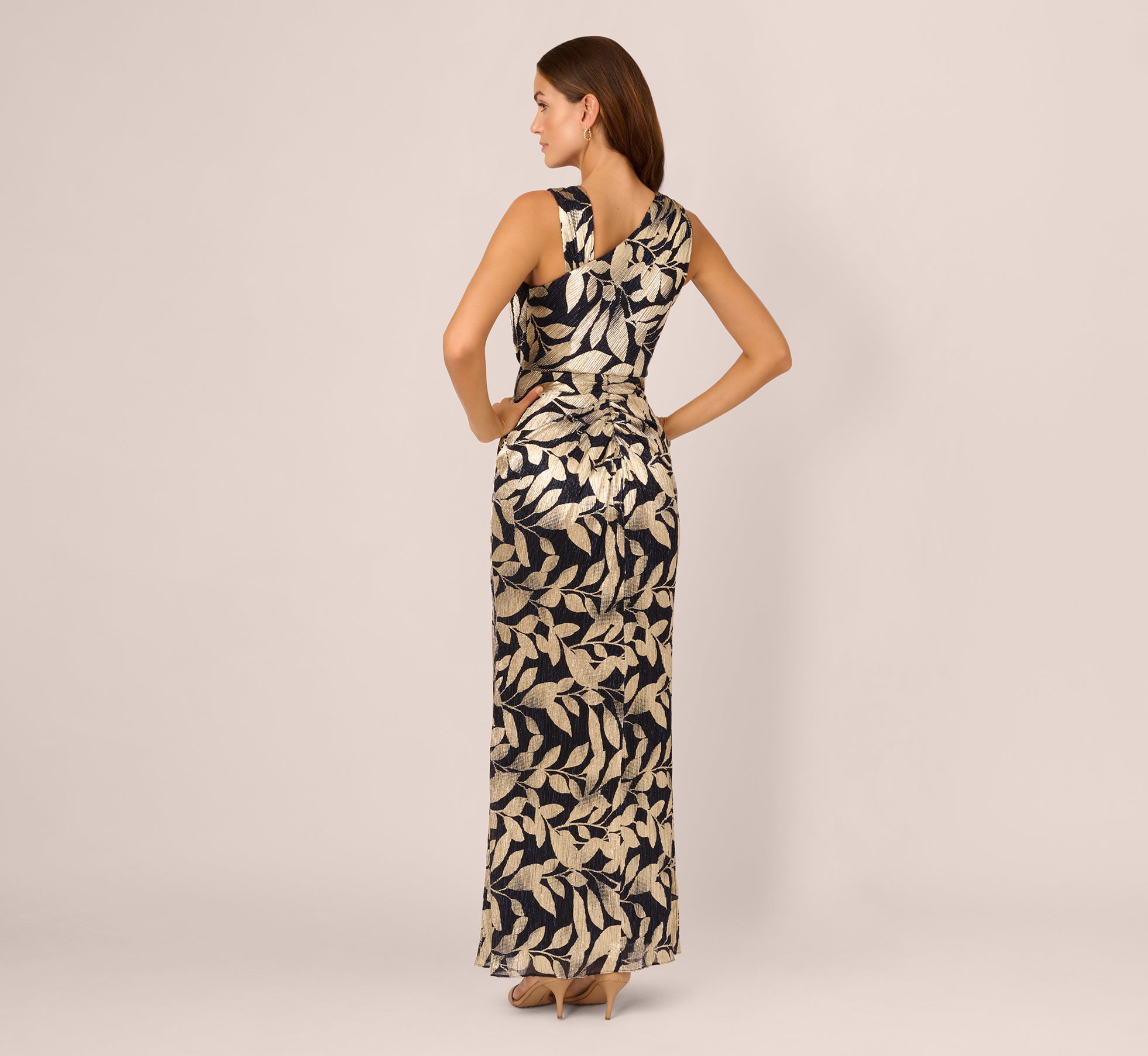 Navy Gold Foil Printed Asymmetric Gown With Ruffled Detail - Adrianna Papell Navy Gold Foil Printed Asymmetric Gown With Ruffled Detail - Adrianna Papell