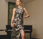 Foil Printed Asymmetric Gown With Ruffled Detail In Navy Gold 1