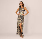 Foil Printed Asymmetric Gown With Ruffled Detail In Navy Gold 3